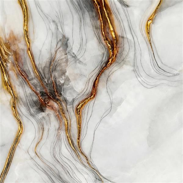 تصویر هنری رگه‌های سیال طلایی و خاکستری روی مرمر سفید مناسب پوستر دیواری اتاق خواب و مستر