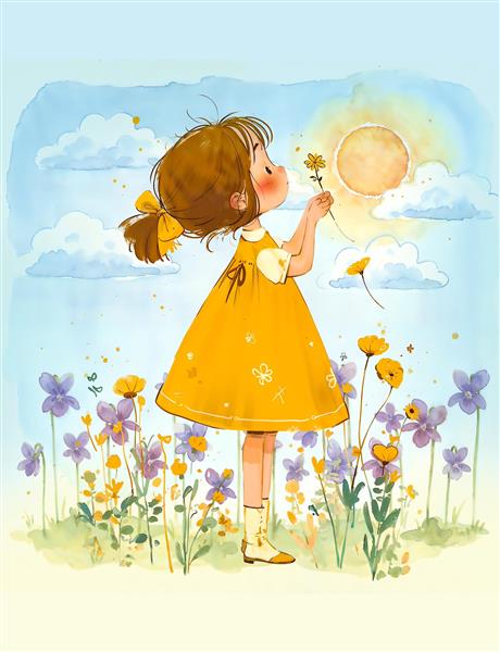 تصویر فانتزی دختربچه در میان گلزار آفتابی با سبک آبرنگی مناسب پوستر دیواری اتاق کودک، نوزاد و جلد دفتر تحریر