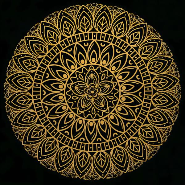 ماندالای طلایی روی پس‌زمینه مشکی با جزئیات ظریف مناسب برای پوستر دیواری ۳ بعدی اتاق مدیتیشن و چاپ روی بشقاب‌های تزیینی