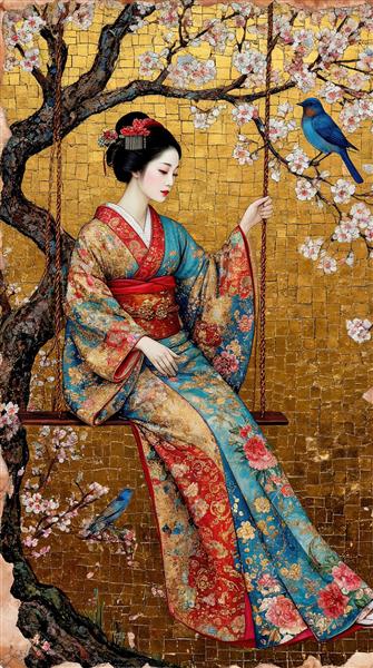 تصویر هنری زن ژاپنی با لباس کیمونو روی تاب در میان شکوفه‌های بهاری مناسب برای تابلو دکوراتیو اتاق خواب و پوستر دیواری رستوران‌های آسیایی