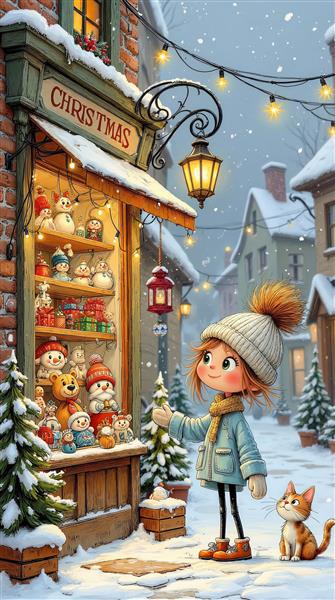 پوستر فانتزی کریسمس و دختربچه در کنار ویترین اسباب‌بازی برای دکور فروشگاه و اتاق خواب کودک