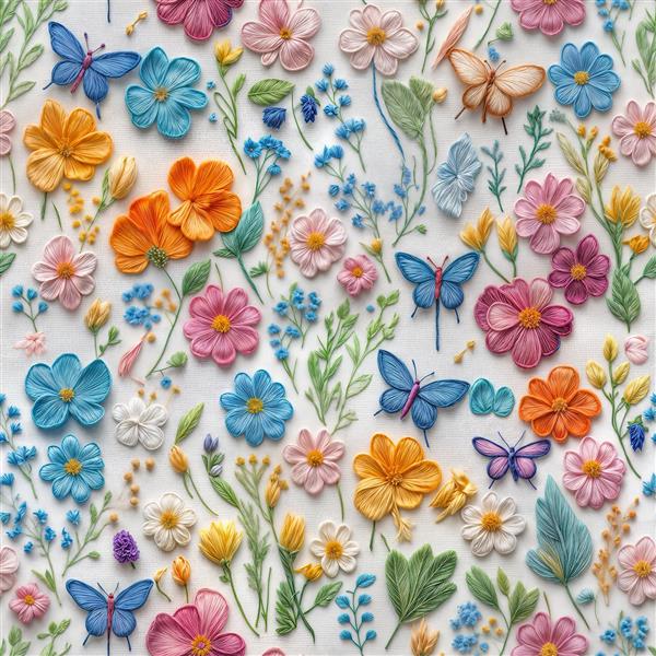 پترن بدون درز شکوفه‌های بهاری و پروانه‌های رنگی برای کاغذ دیواری اتاق کودک و سرویس خواب نوزاد
