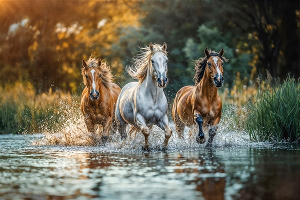 پوستر سه بعدی تاخت اسب‌های وحشی در آب و طبیعت بکر برای دکوراسیون سالن پذیرایی و سالن ورزشی
