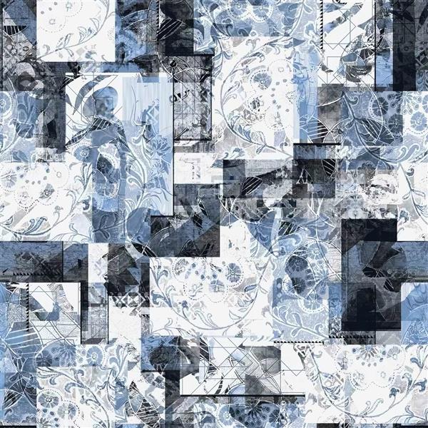 طرح انتزاعی مدرن با تم آبی و سفید و نقوش اسلیمی مناسب چاپ پرده زبرا و کاغذ دیواری اتاق کار