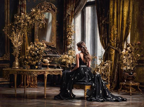 تصویر هنری بانو با لباس مشکی مجلل در عمارت کلاسیک اروپایی برای پوستر دیواری عمارت و مزون لباس