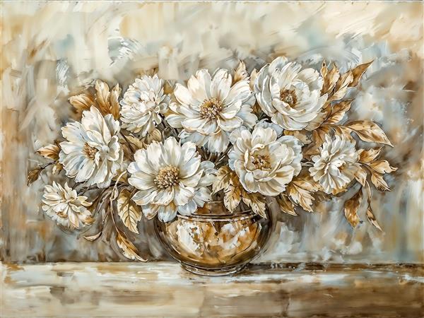 تابلو دکوراتیو کلاسیک گلدان گل‌های سفید با طیف کرم و قهوه‌ای مناسب برای بالای کنسول و ناهارخوری