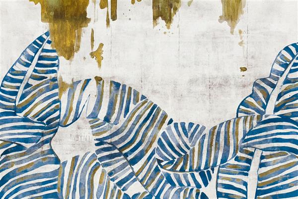 پوستر دیواری مدرن طرح برگ‌های گرمسیری آبی و طلایی مناسب پشت تخت‌خواب و سالن‌های زیبایی