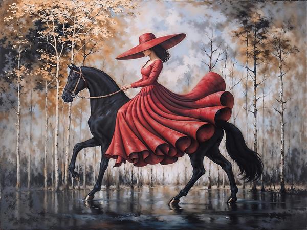 طرح هنری زن اسب‌سوار با لباس قرمز در جنگل پاییزی برای چاپ روی شاسی و دفترچه‌های فانتزی