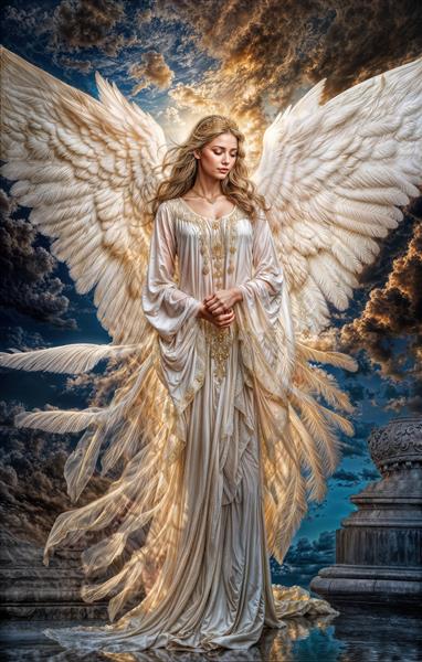 تصویر رویایی فرشته بالدار با لباس حریر در آسمان ابری ویژه چاپ پوستر سقف و اتاق مستر