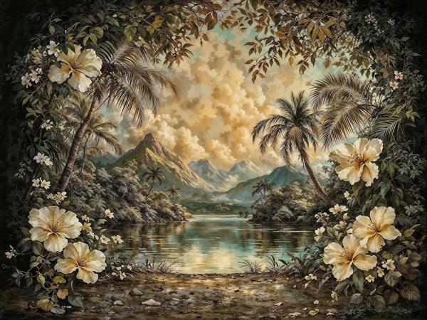 منظره کلاسیک استوایی با کوهستان و گل‌های ختمی مناسب برای تابلو دکوراتیو هتل و لابی‌های مجلل