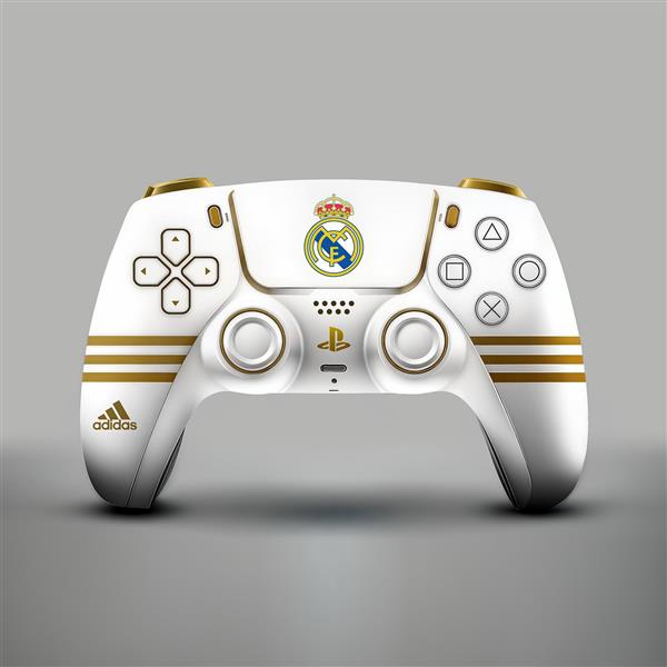 طرح کنسول بازی پلی استیشن ۵ با لوگوی رئال مادرید و جزئیات طلایی مخصوص پوستر اتاق گیمینگ و نوجوان