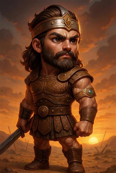 سهراب جوان با زره طلایی و شمشیر در غروب آفتاب با استایل کارتونی و حماسی شاهنامه برای دکوراسیون اتاق پسرانه و لوازم مدرسه