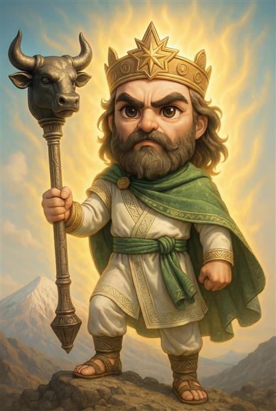 فریدون پادشاه پیشدادی با گرز گاوسر و ژست مصمم به صورت کارتونی و کودکانه شاهنامه جهت استفاده در دکوراسیون مهدکودک و مدارس