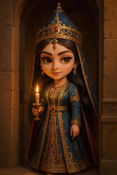 تهمینه مادر سهراب با لباس شاهزاده خانم و شمع روشن به سبک کارتونی و کودکانه شاهنامه مناسب جلد کتاب داستان و پوستر اتاق دختر