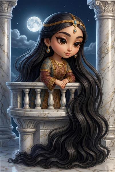 رودابه با گیسوی بلند بر روی بالکن در شب مهتابی طرح کارتونی و رمانتیک شاهنامه برای اتاق خواب