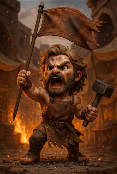 کاوه آهنگر با پتک و پیش‌بند چرمی در آهنگری طرح کارتونی شاهنامه برای دکورهای سنتی و قهوه‌خانه