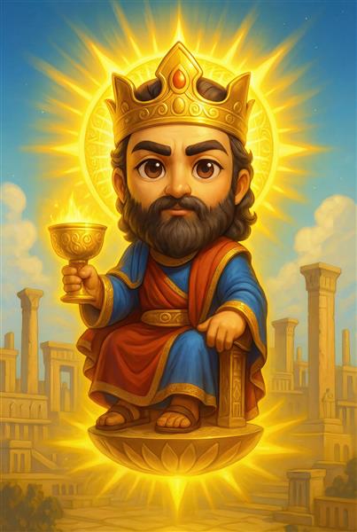 جمشید شاه با تاج درخشان و هاله نور کاراکتر کارتونی و باستانی شاهنامه برای پوستر دیواری سه بعدی