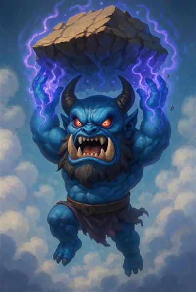 اکوان دیو آبی رنگ با سنگ بزرگ روی سر مدل کارتونی و بامزه شاهنامه برای پوستر سه بعدی اتاق کودک