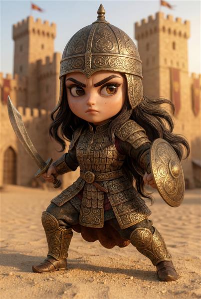 گردآفرید دختر جنگجوی شاهنامه با شمشیر و سپر در قلعه مدل نقاشی کارتونی و کودکانه برای اتاق دختران