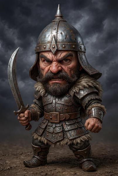 افراسیاب با کلاهخود شاخدار و چهره خشمگین کاراکتر کارتونی شاهنامه برای اتاق بازی و گیم‌نت