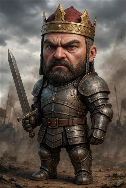 شاه بهمن با زره جنگی و شمشیر تیز طرح کارتونی و کودکانه از شخصیت‌های شاهنامه مناسب پوستر دیواری