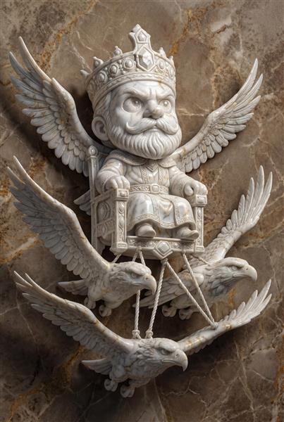 کی‌کاووس پرنده با عقاب‌ها و تخت پران مدل کارتونی و طنزآمیز شاهنامه برای تابلوهای دکوراتیو