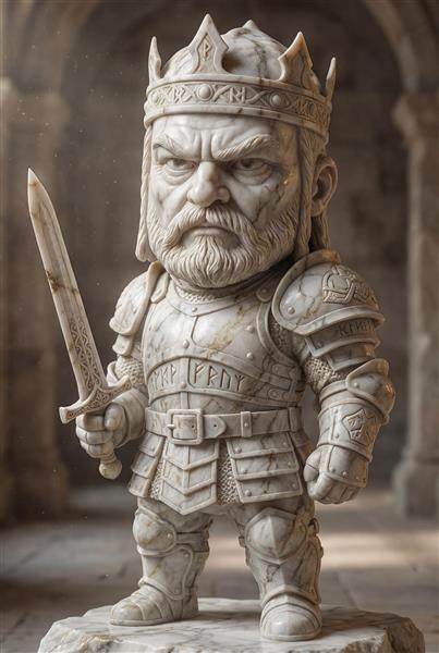 تندیس سنگی شاه بهمن با شمشیر و زره مدل کارتونی و فانتزی شاهنامه برای دکوراسیون داخلی و هتل