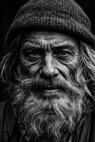 پرتره سیاه و سفید پیرمرد با چهره پرجزئیات و کلاه بافتنی مناسب برای تابلوهای هنری و کافه رستوران