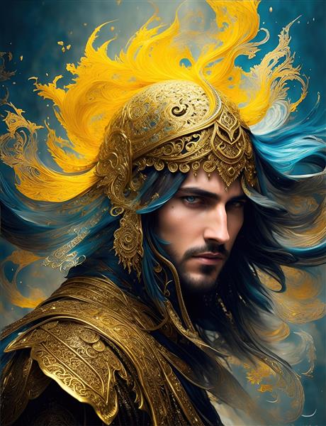 طرح فانتزی پادشاه با کلاهخود طلایی و موهای شعله‌ور زرد و آبی برای دکوراسیون مدرن و اتاق نوجوان