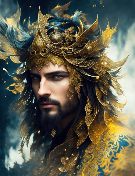 تصویر هنری پادشاه پارسی با تاج مرصع طلایی و لباس باشکوه مناسب برای پوستر دیواری لوکس پذیرایی و هتل