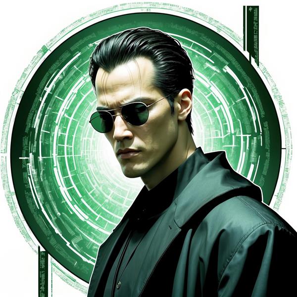 تصویر نئو در فیلم ماتریکس برای چاپ پوستر دیواری عمودی و تابلو شاسی مناسب لابی هتل‌های مدرن و محیط‌های تکنولوژی