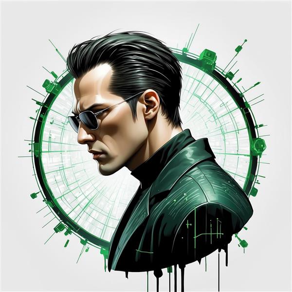 پوستر دیواری مدرن طرح نئو (Keanu Reeves) با تم ماتریکس و گرافیک دیجیتال سبز ویژه گیم‌نت و اتاق جوان
