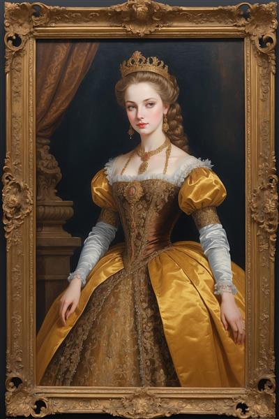 تصویر کامل ملکه در لباس مجلل طلایی با قاب چوبی حکاکی شده مناسب چاپ پوستر دیواری عریض و تابلو