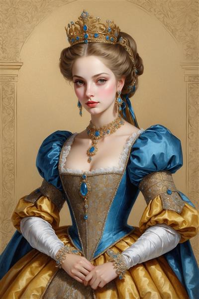 تابلو نقاشی لوکس پرنسس با لباس آبی و طلایی و جواهرات سلطنتی ایده آل برای دکوراسیون اتاق خواب مستر