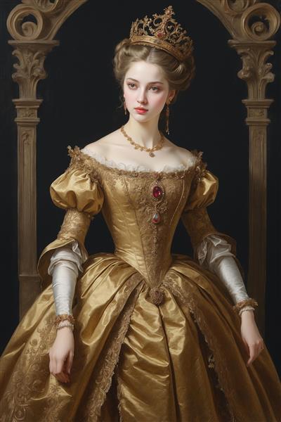 پوستر دیواری سه بعدی طرح نقاشی کلاسیک زن اشرافی با لباس فاخر برنزی برای لابی مجلل و تالار