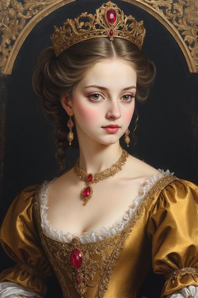 تابلو دکوراتیو کلاسیک پرتره ملکه با تاج جواهرنشان و لباس ابریشمی طلایی مناسب عمارت و هتل‌های لوکس