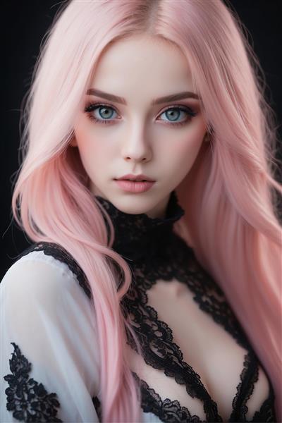 طرح لوکس پوستر دیواری چهره زن با لباس توری مشکی و موهای صورتی روشن ویژه اتاق خواب و فضاهای مدرن