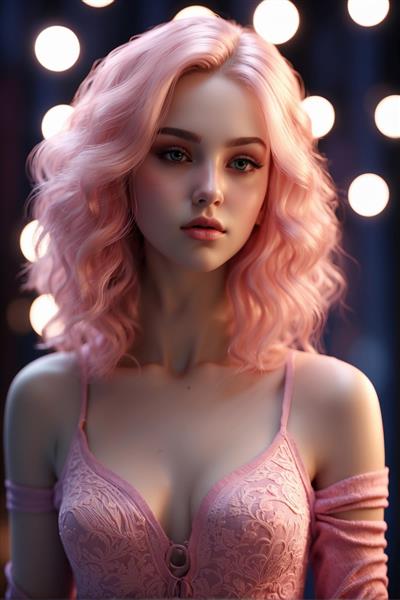 پوستر دیواری چهره دختر فانتزی با موهای موج‌دار صورتی و لباس گیپور ایده آل برای دکوراسیون مزون و آرایشگاه زنانه