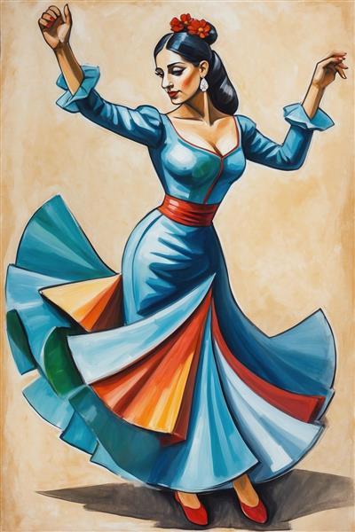 تابلو دیواری و پوستر سه بعدی رقصنده فلامنکو با المان‌های هندسی کوبیسم اثر مشابه پیکاسو برای رستوران و کافی‌شاپ