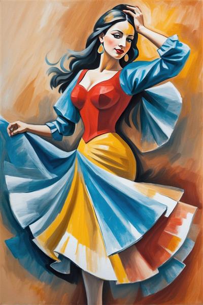 طرح فانتزی و مدرن رقص زن با دامن کلوش سبک نقاشی پیکاسو مناسب برای روتختی کودک و پوستر اتاق خواب دخترانه