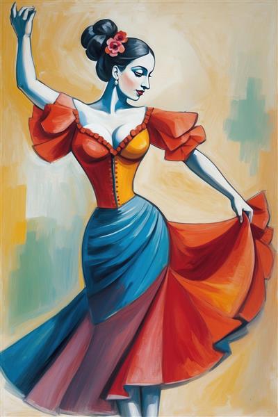 نقاشی سبک اسپانیش زن رقصنده با لباس قرمز و آبی ویژه پوستر دیواری پذیرایی و تالارهای مجلل