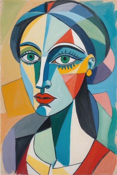 پوستر دیواری هنری چهره زن با چشمان سبز الهام از هنر پیکاسو برای دکوراسیون آرایشگاه زنانه و مزون