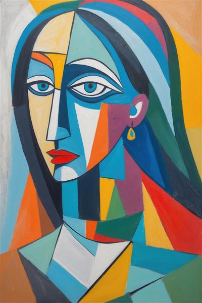 نقاشی انتزاعی چهره زن با رنگ‌های شاد سبک کوبیسم مناسب برای تابلو شاسی و دیوارپوش مراکز هنری و آتلیه