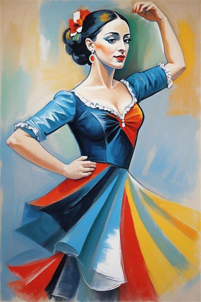 طرح گرافیکی زن با لباس رنگین‌کمانی سبک کوبیسم مناسب برای پوستر دیواری ورودی تالارها و فضاهای تشریفاتی