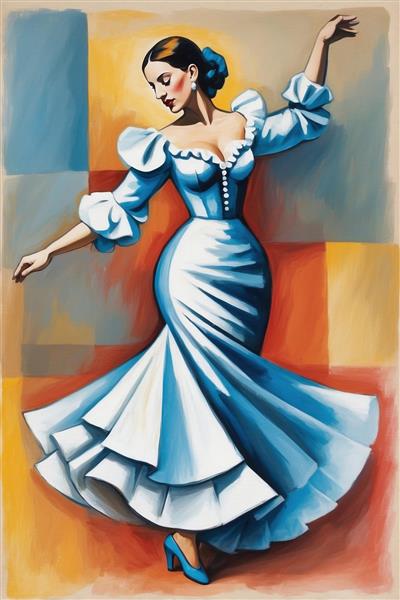 پوستر دیواری رقصنده باله با لباس سفید و آبی به سبک پیکاسو جهت تزیین دیوار آموزشگاه‌های هنری و اتاق دخترانه