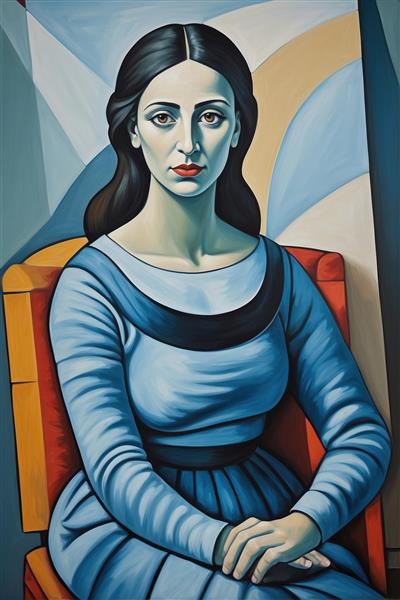 تصویر زن کلاسیک نشسته بر صندلی با تم سرمه‌ای به سبک کوبیسم پیکاسو ویژه پوستر دیواری پشت تلویزیون و نشیمن