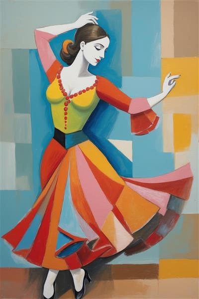 نقاشی مدرن زن در حال چرخش با دامن رنگارنگ سبک پیکاسو مناسب پوستر دیواری مهدکودک، اتاق کودک و محیط‌های شاد