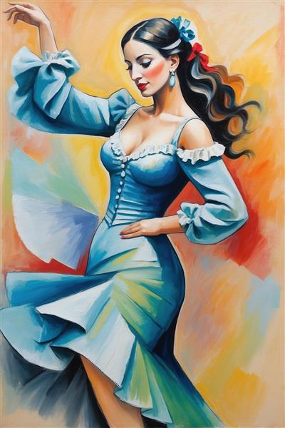 طرح نقاشی مدرن رقصنده فلامنکو با لباس آبی به سبک پیکاسو برای پوستر دیواری بزرگ، پرده تصویری و دکوراسیون تالارهای پذیرایی