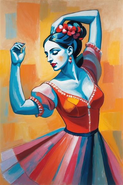 پوستر دیواری زن رقصنده با لباس قرمز به سبک کوبیسم و پیکاسو جهت استفاده در آرایشگاه‌های زنانه، سالن‌های ورزشی و مزون‌های لباس