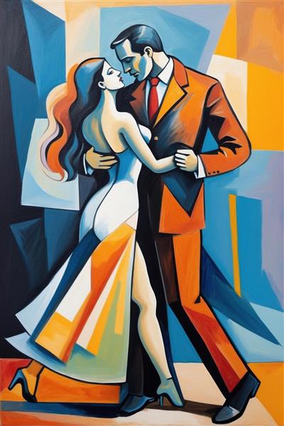 طرح انتزاعی رقص تانگو با کت و شلوار نارنجی به سبک پیکاسو برای پوستر دیواری پذیرایی و پشت میز مدیریت در اتاق کنفرانس